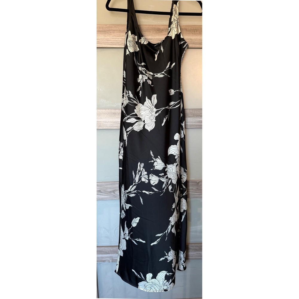 Black White Floral Satin Maxi Slip Dress Sleeveless Side Slit Size 8 Recycled